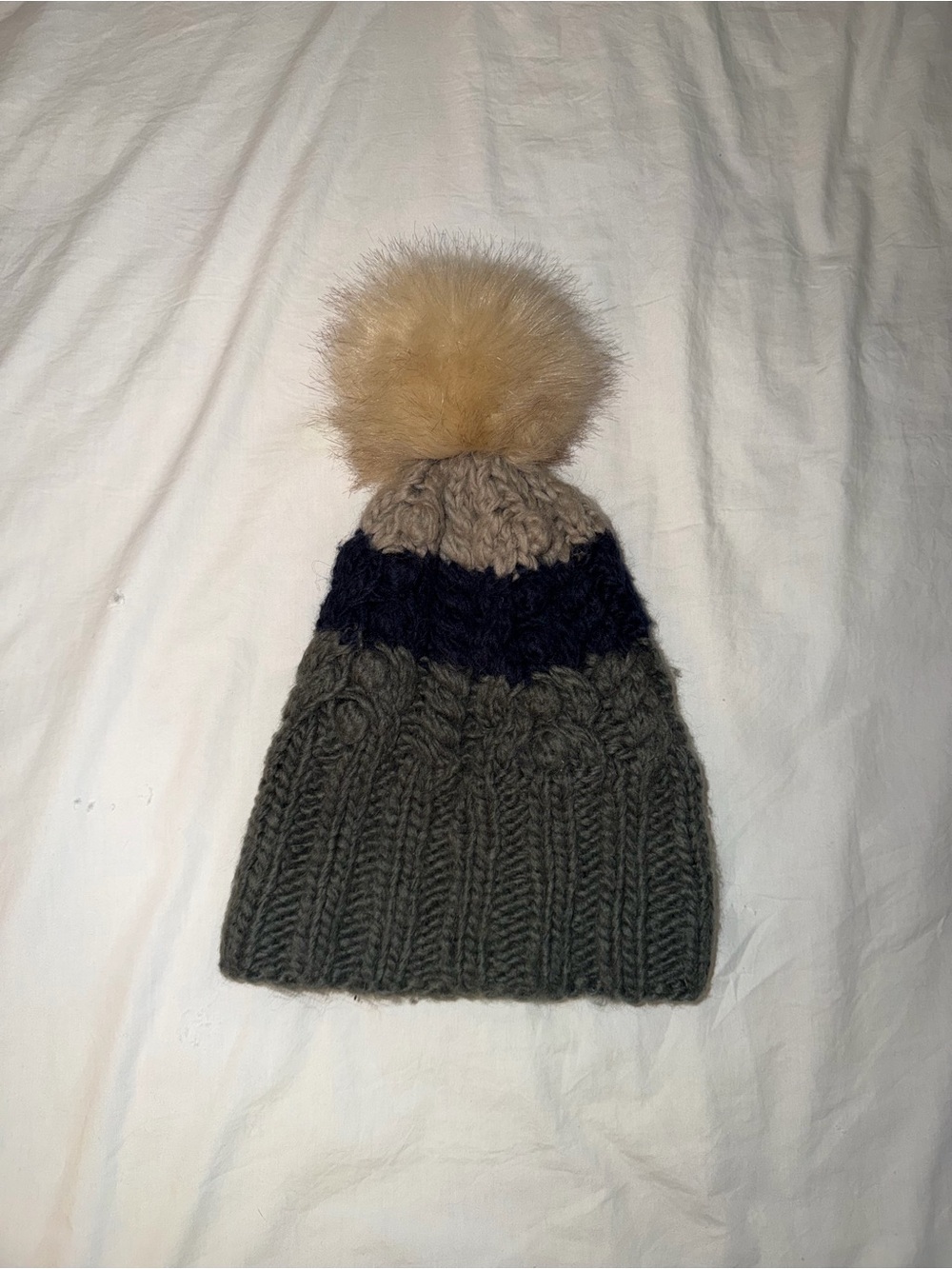 Free People Chunky Knit Faux Fur Pom Pom Beanie Gray One Size